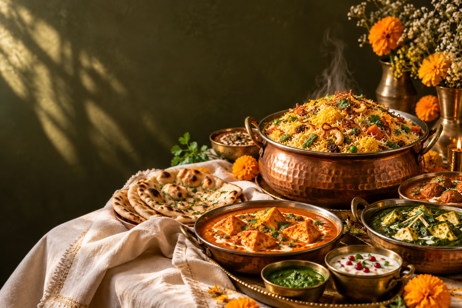 Indian dishes arranged on a festive table
